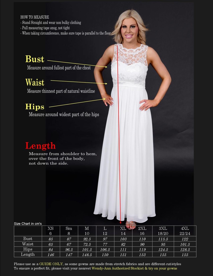 size chart wendy ann Bridal Formal Bridesmaids Australia